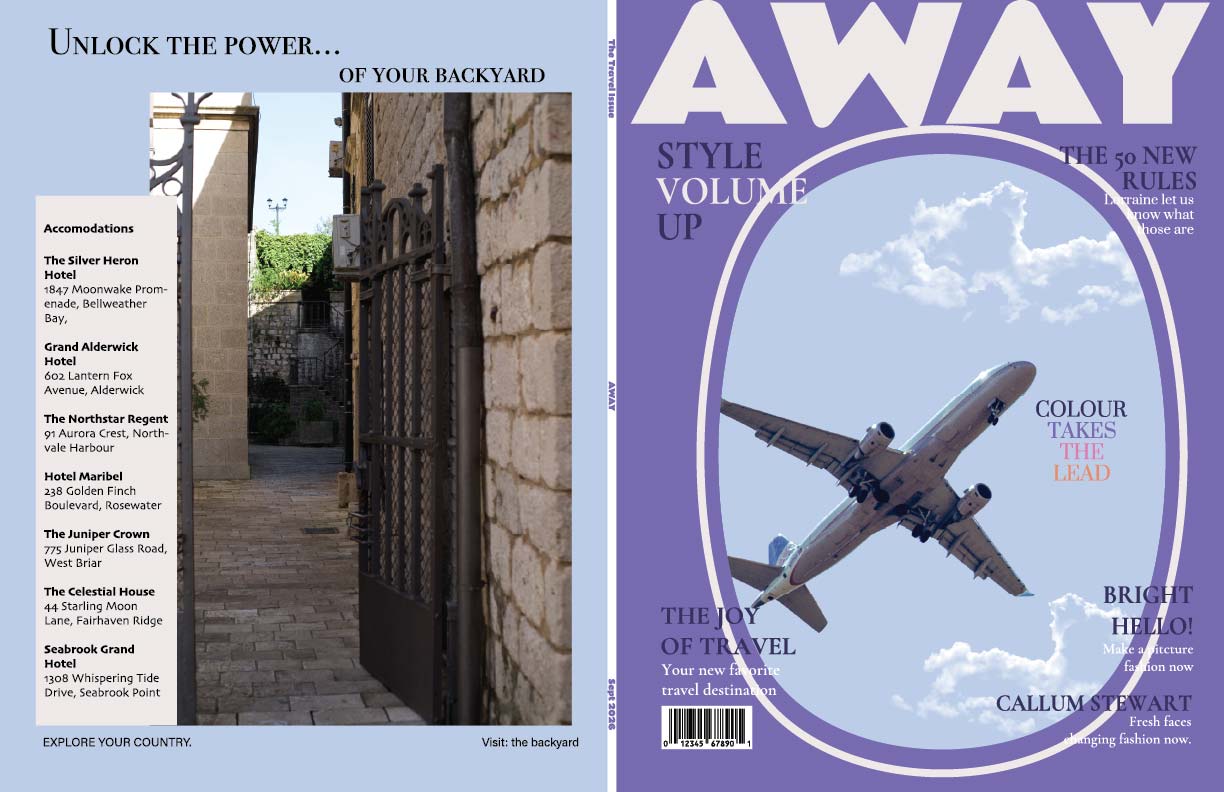 AWAY magazine cover and fictional advertisement artwork