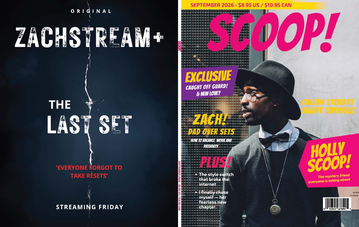 Scoop magazine cover and fictional streaming advertisement