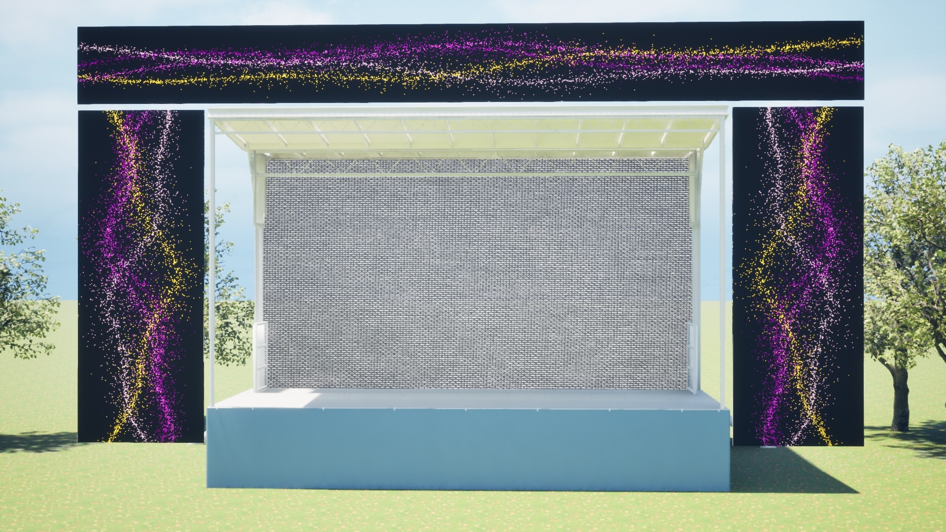 Front view of the Sunosi mobile stage visualization with Sebastian's original particle pattern
