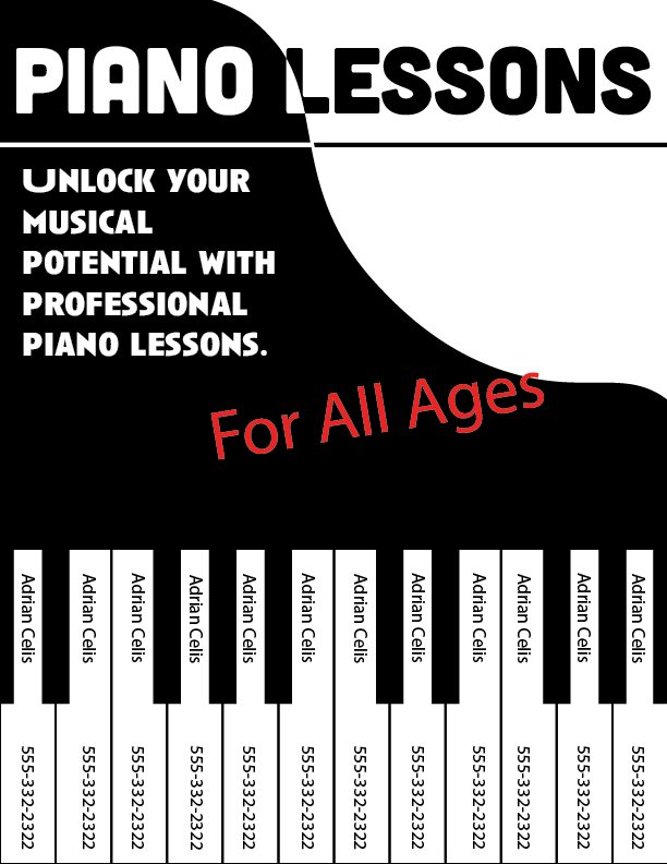 Piano lessons community bulletin board flyer